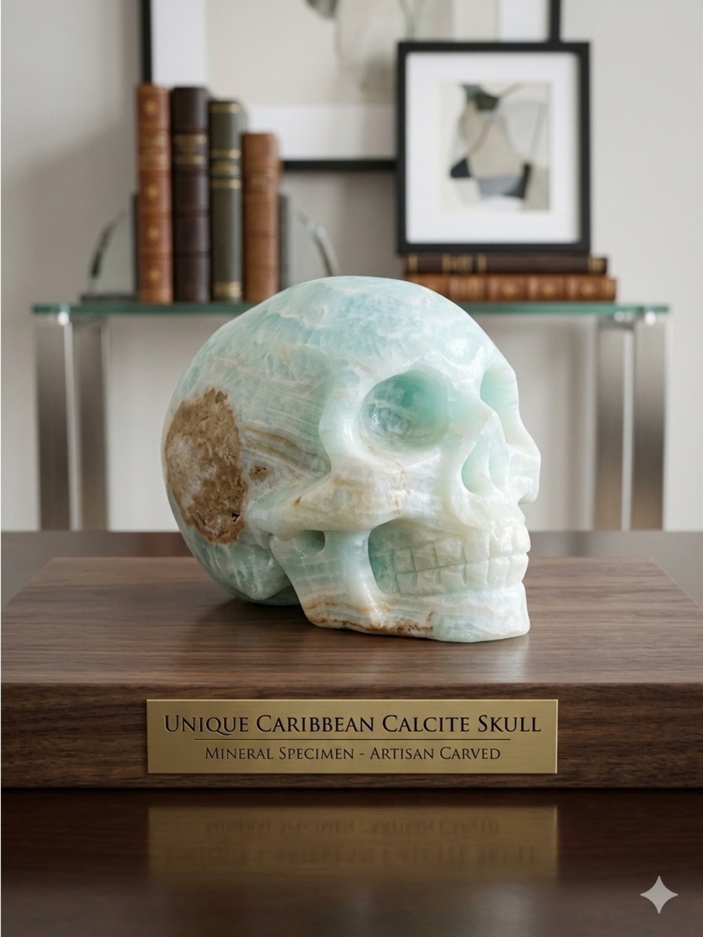 Unique Caribbean Calcite Skull - Artisan Carved Light Aqua Decorative Sculpture